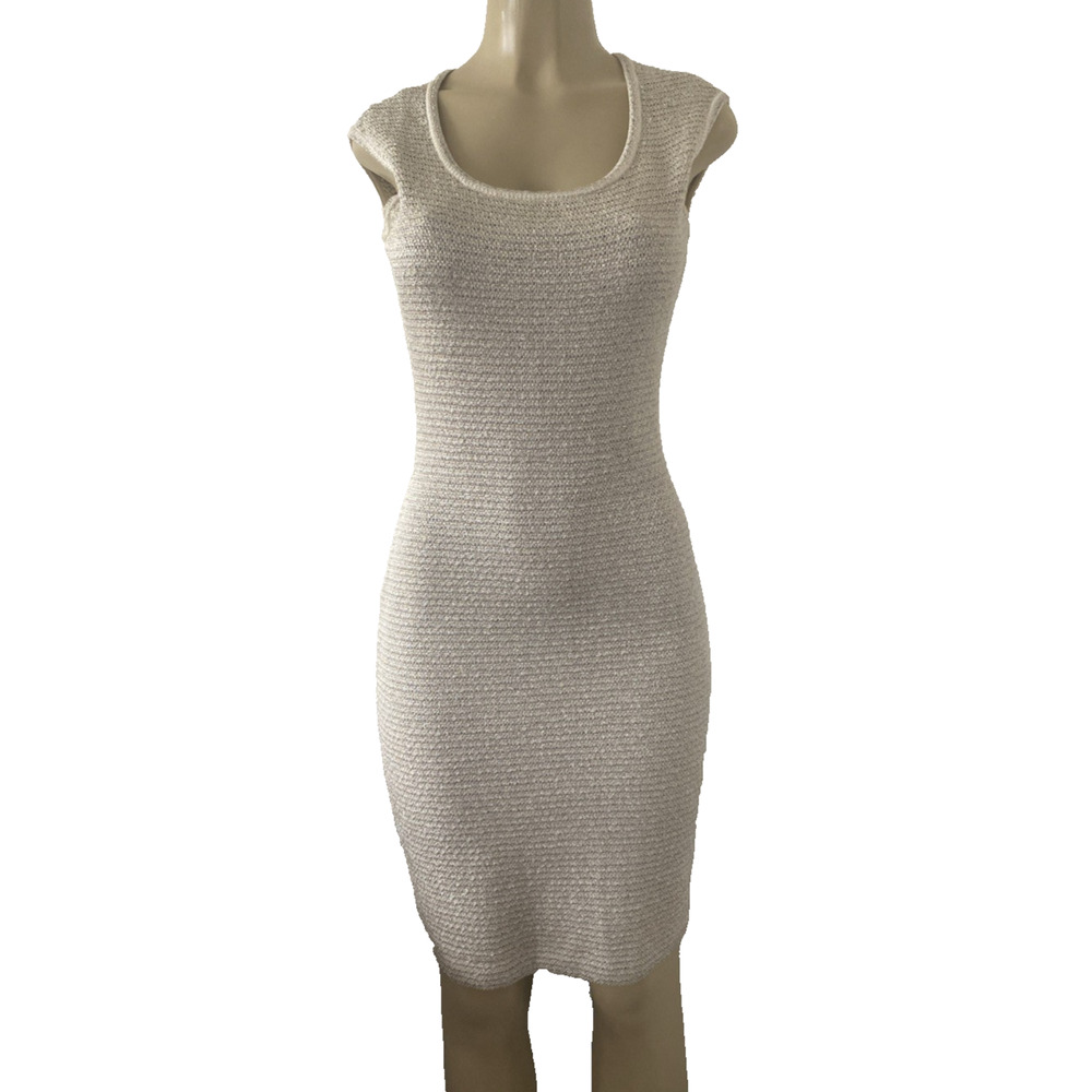 St John Dress Sheath Mini Sleeveless Tan Beige Metallic Scoop Neck Oatmeal 2 XS - Picture 2 of 12